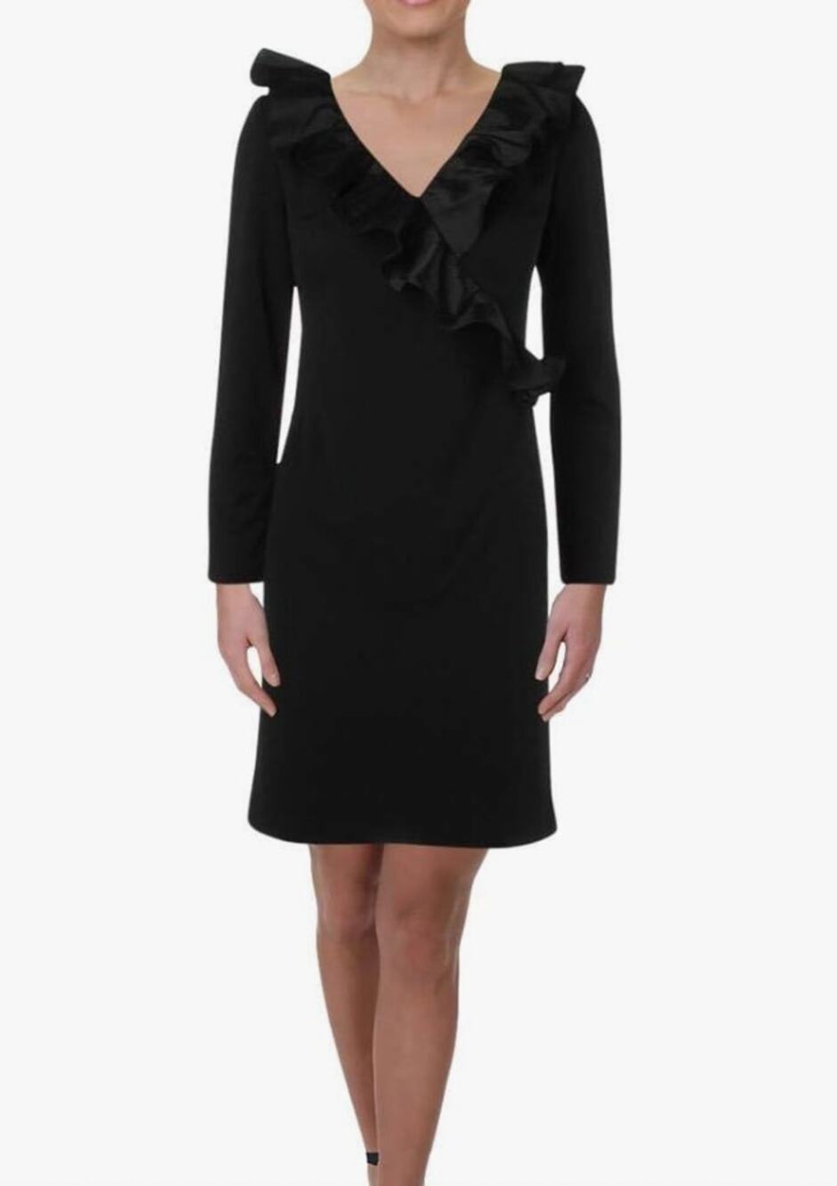 NWT LRL Ralph Lauren Little Black Dress Crepe Cincy Sheath Shift Ruffle 10 LBD